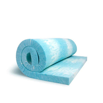 Rolled temperature regulating gel memory foam mattress topper showcasing a cool blue design, perfect for restful sleep.
