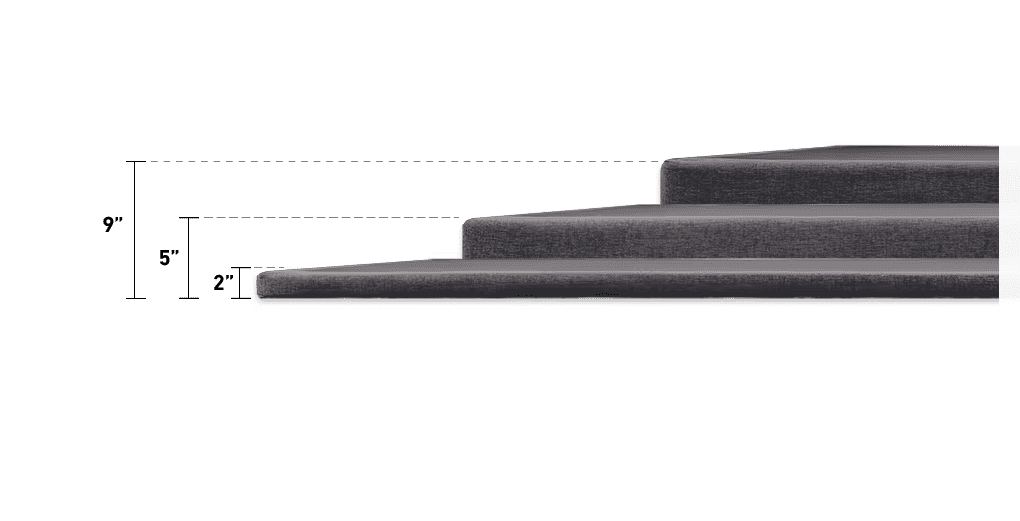 TEMPUR-Flat® Box Spring showing height options: 9”, 5”, and 2” foundations in grey fabric for ideal support.