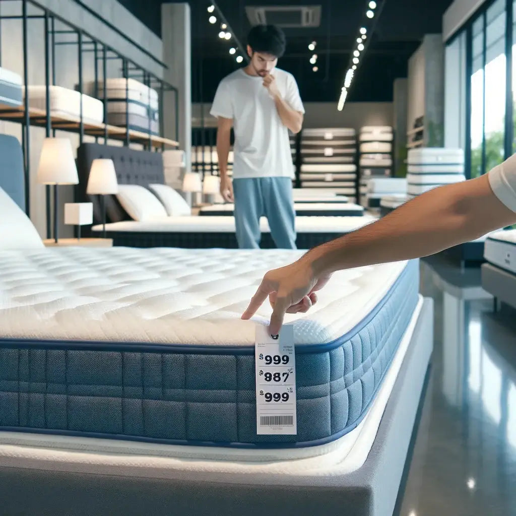 A man examines a mattress while comparing price tags in a modern mattress store display.