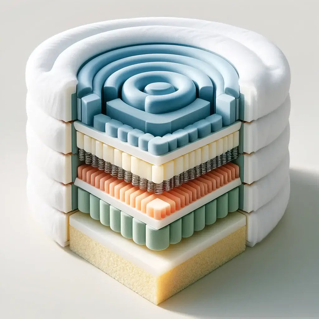 Cross-section of a layered mattress showcasing various foam types and springs, highlighting comfort and support features.