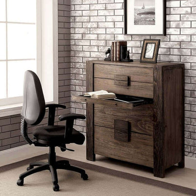 Rustic Janeiro chest with wooden block pulls in a modern office setting, featuring a swivel office chair and brick wall.