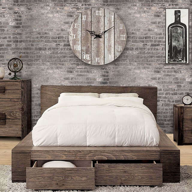 Rustic Janeiro Platform Storage Bed with two drawers and white bedding, set against a brick wall and stylish decor.