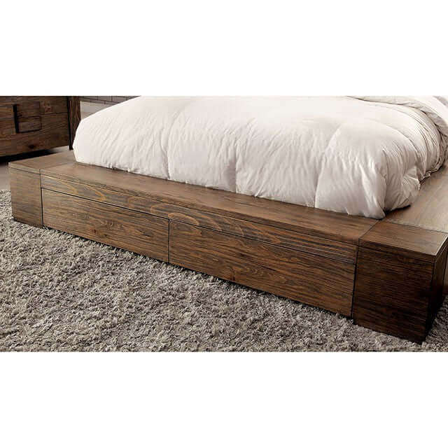 Low-profile Janeiro Platform Storage Bed with natural wood grain and drawers for practical storage.