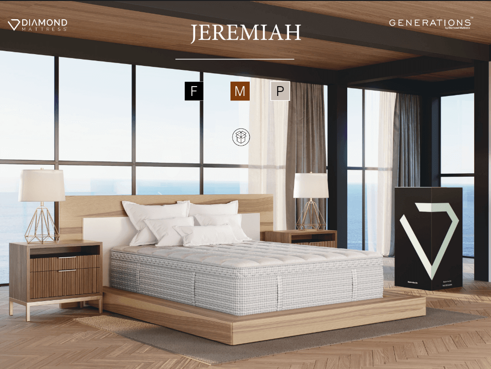 Full Diamond Generations Jeremiah Plush Latex Euro Top 15" mattress displayed in a modern bedroom setting with ocean views.