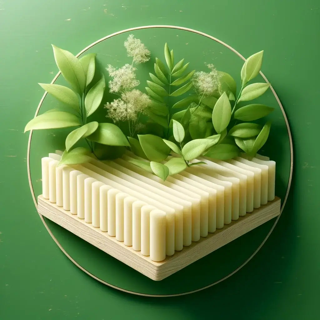 Modern decor featuring stacked soap bars and vibrant green foliage in a circular design on a green background.