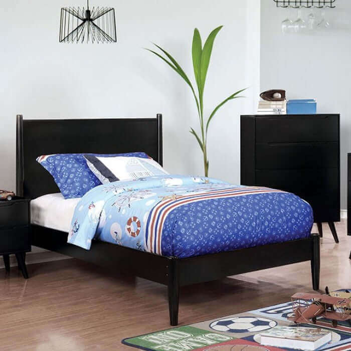 Lennart Black Platform Bed with blue bedding, modern design, and minimalistic style in a contemporary bedroom setting.