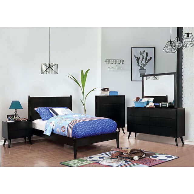 Lennart Black Platform Bed in a modern bedroom setup with stylish decor and mid-century design elements.