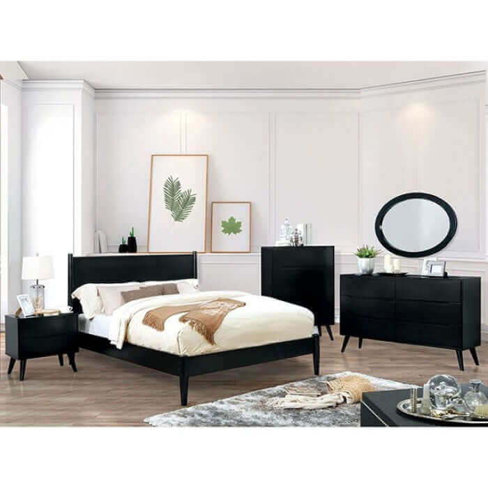 modern Lennart Black Platform Bed with nightstand and dresser in stylish bedroom setting, featuring mid-century design elements.