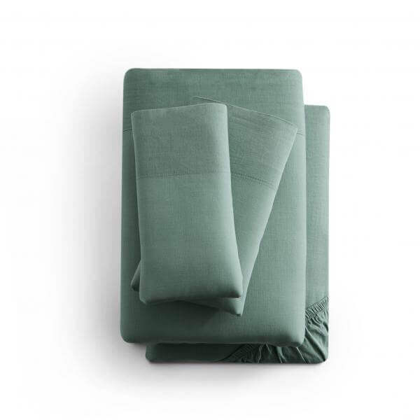 Malouf Sage Linen Weave Cotton Sheet Set, lightweight and breathable bedding for luxurious comfort.