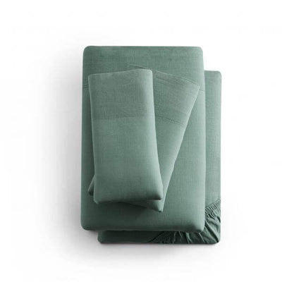 Malouf Sage Linen Weave Cotton Sheet Set, lightweight and breathable bedding for luxurious comfort.