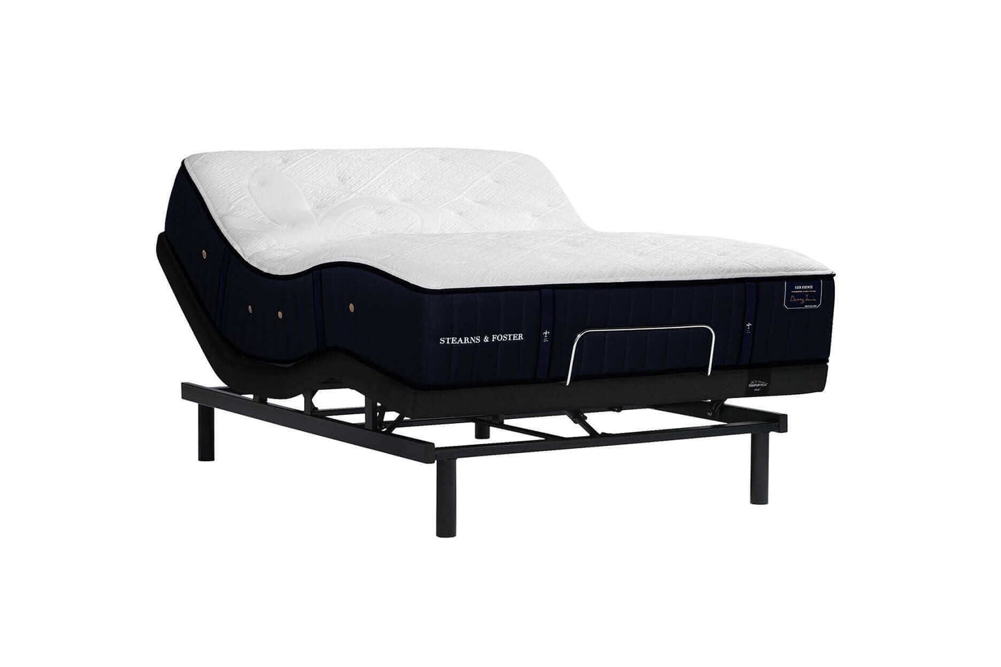 Twin XL Stearns & Foster Lux Estate Cassatt Ultra Firm mattress on a black adjustable base. Perfect for luxury sleep comfort.