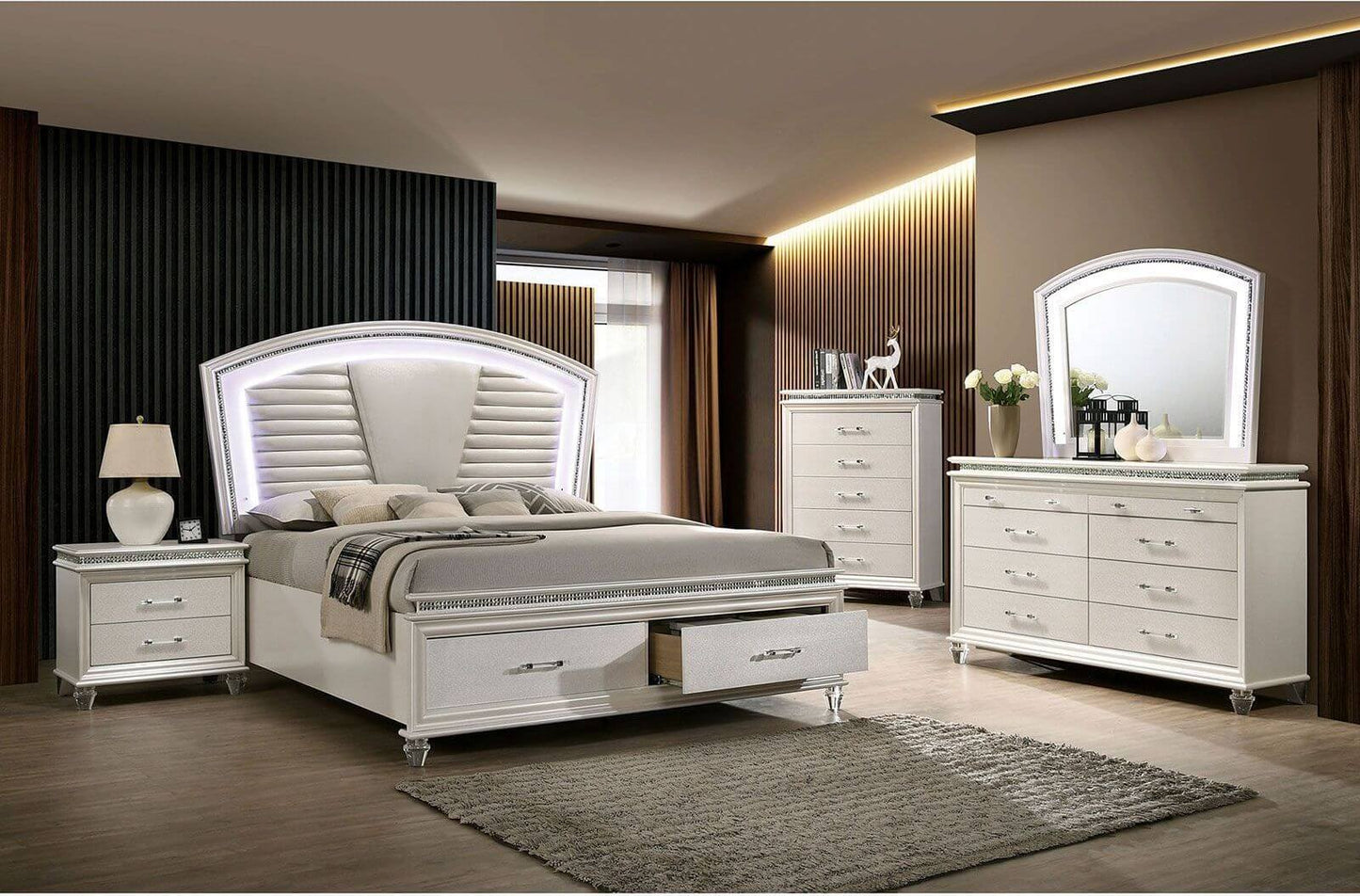 Maddie Pearl White Upholstered Storage Panel Bedroom Set
