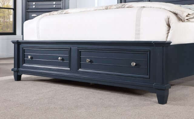 Manzanillo Slate Blue Storage Bed footboard with two full-extension drawers and polished nickel hardware.