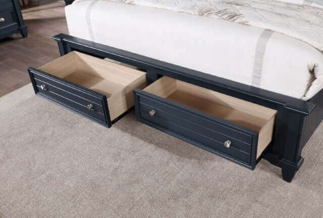 Manzanillo Slate Blue Storage Bed footboard with two spacious full-extension drawers for convenient linen storage.