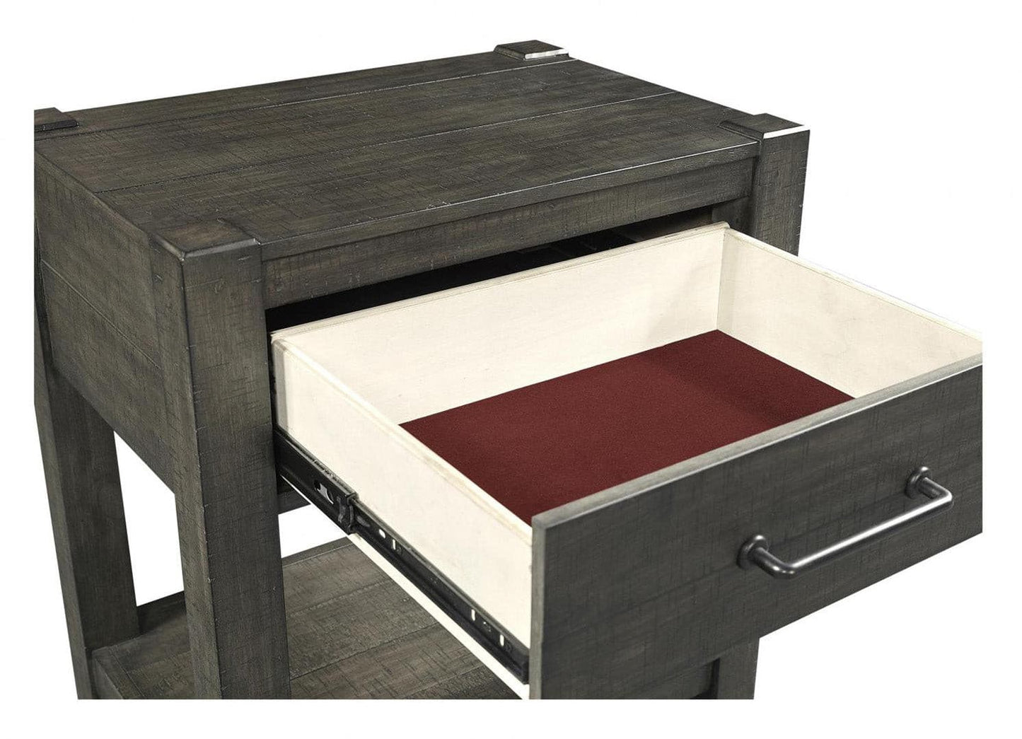 Mill Creek Collection Carob Nightstand with open drawer showcasing red lining and modern design elements.