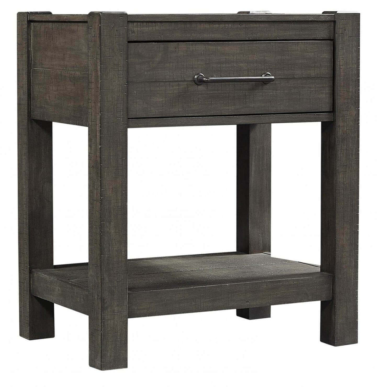 Mill Creek Collection Carob Nightstand with one drawer and open shelf, showcasing a rustic transitional design.