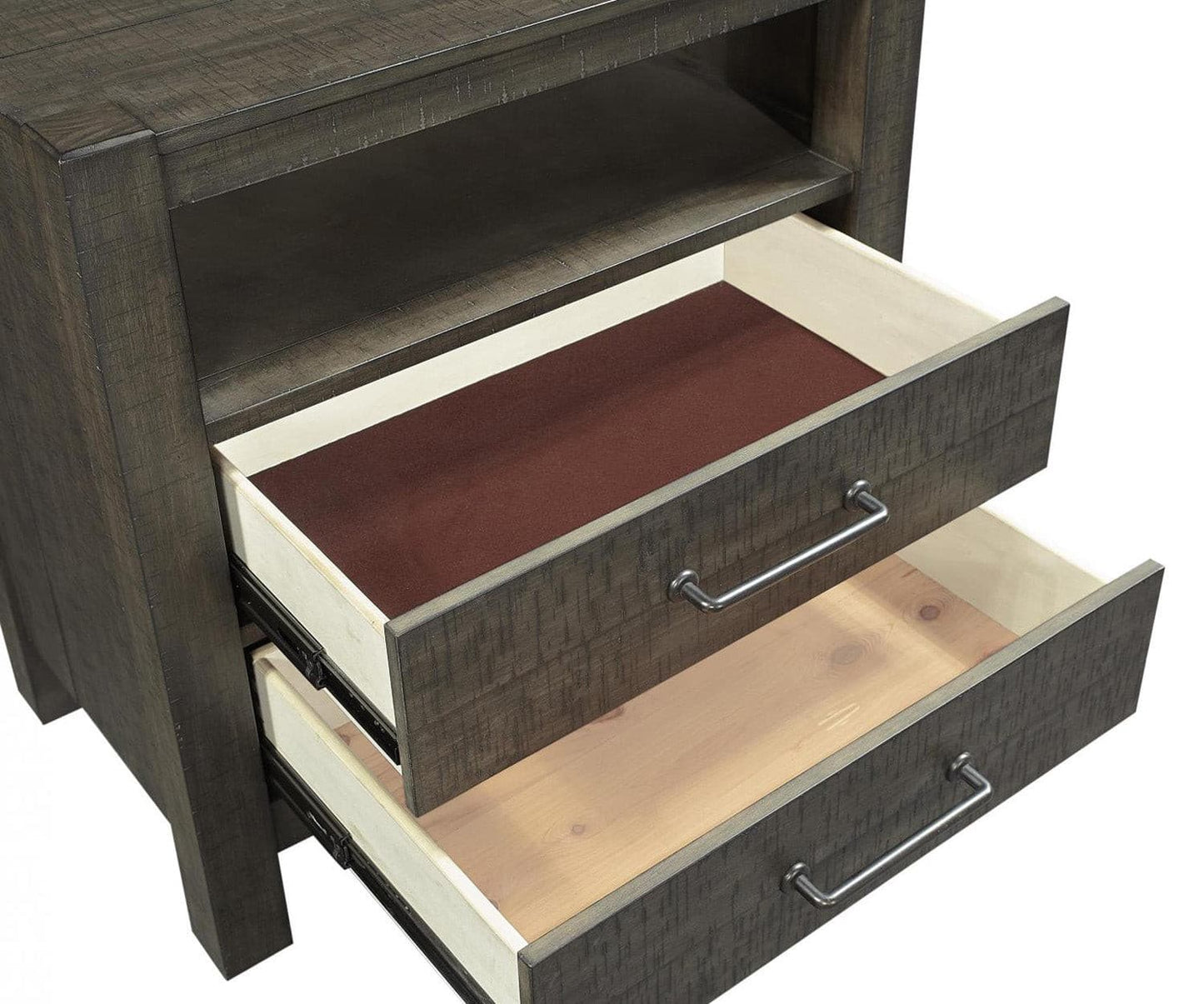 Mill Creek Collection Carob Nightstand with open drawers, showcasing modern design and functional storage solutions.