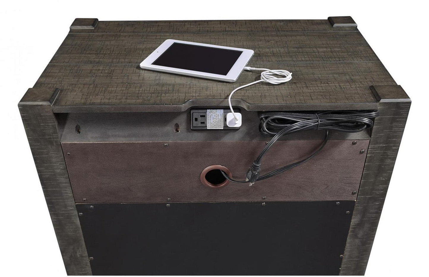 Mill Creek Collection Carob Nightstand top with canted AC outlet and tablet charging, showcasing functional design.