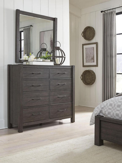 Mill Creek Collection Carob Tall Dresser with mirror in modern bedroom setting, featuring sleek design and ample storage.