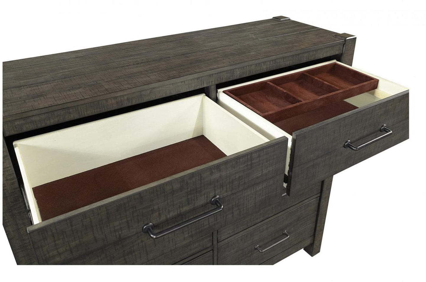 Mill Creek Collection Carob Tall Dresser with open drawers, showcasing cedar-lined bottom and organizer compartments.