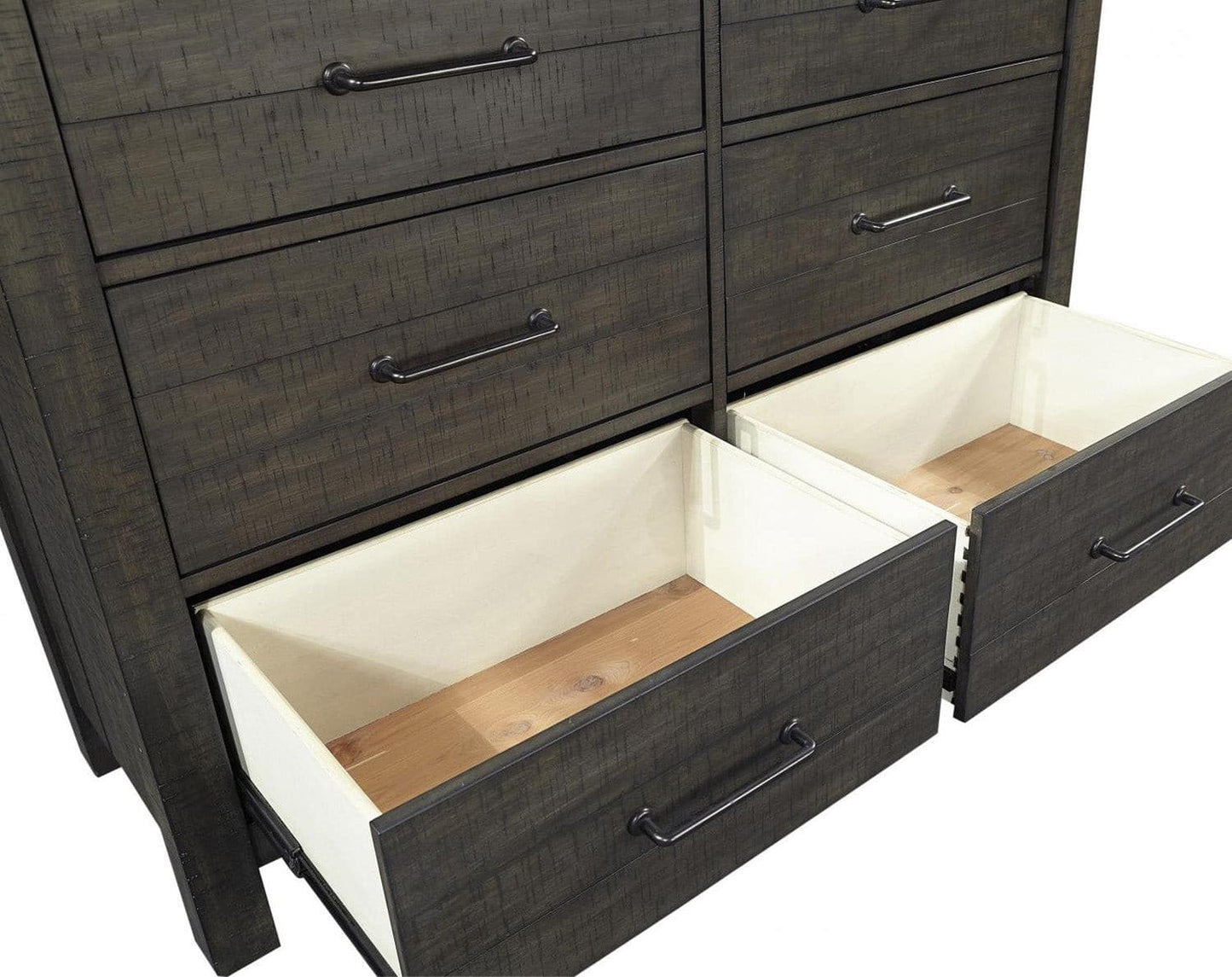 Mill Creek Collection Carob Tall Dresser with open cedar lined drawers, showcasing modern transitional design and quality craftsmanship.