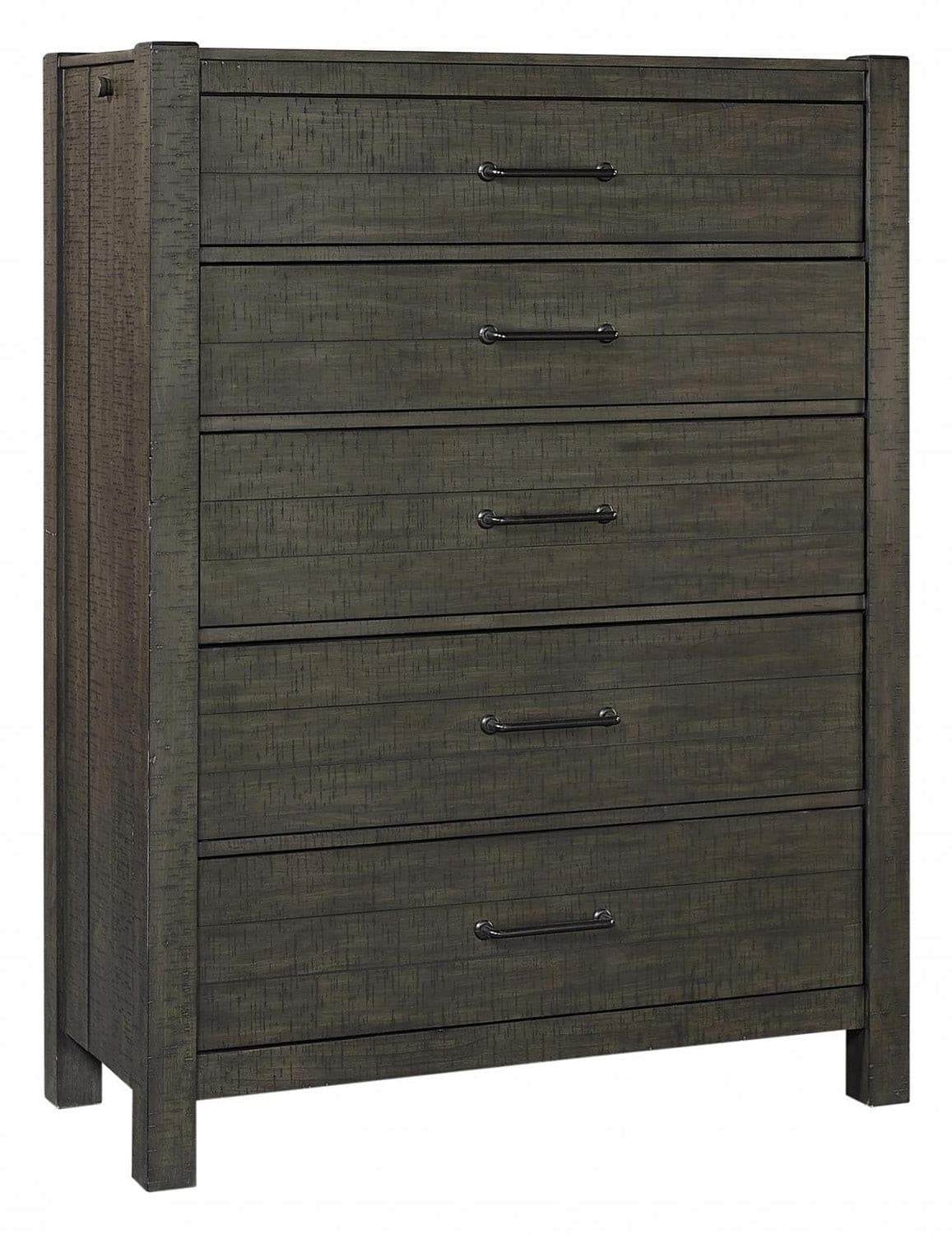 Mill Creek Collection Carob Chest featuring five drawers with a textured finish, ideal for modern home decor.
