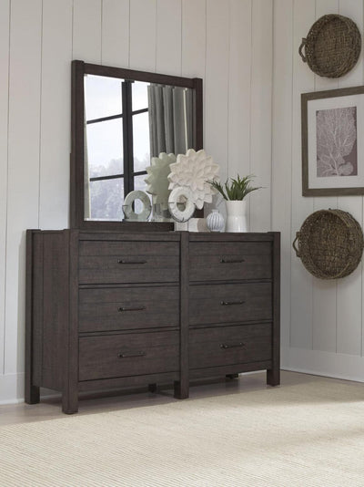 Mill Creek Collection Carob Dresser with mirror in a stylish home setting, featuring a modern, transitional design.