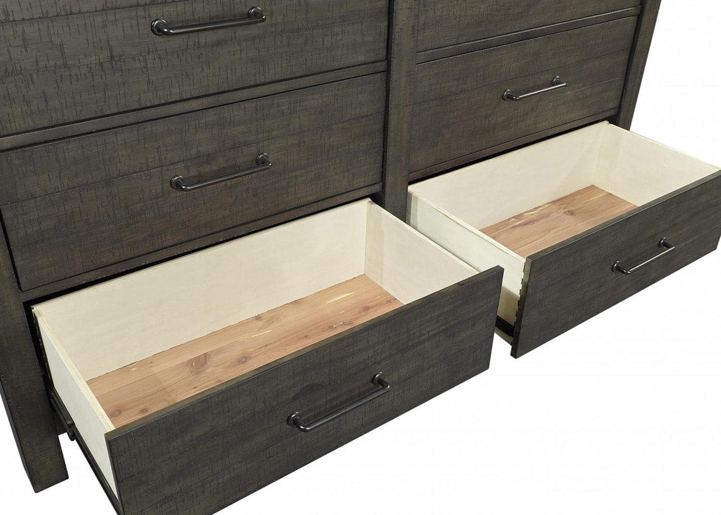 Mill Creek Collection Carob Dresser showing open cedar-lined bottom drawers with a rustic finish.