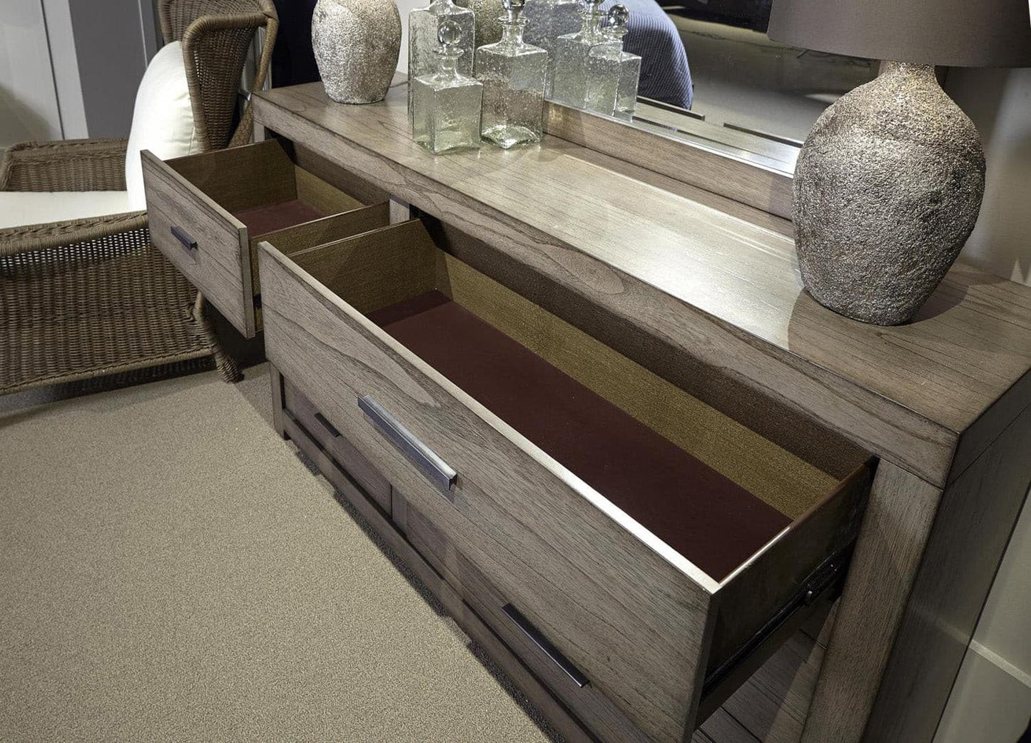 Modern Loft Graystone dresser with open drawers showcasing quality craftsmanship and aged bronze pull hardware.