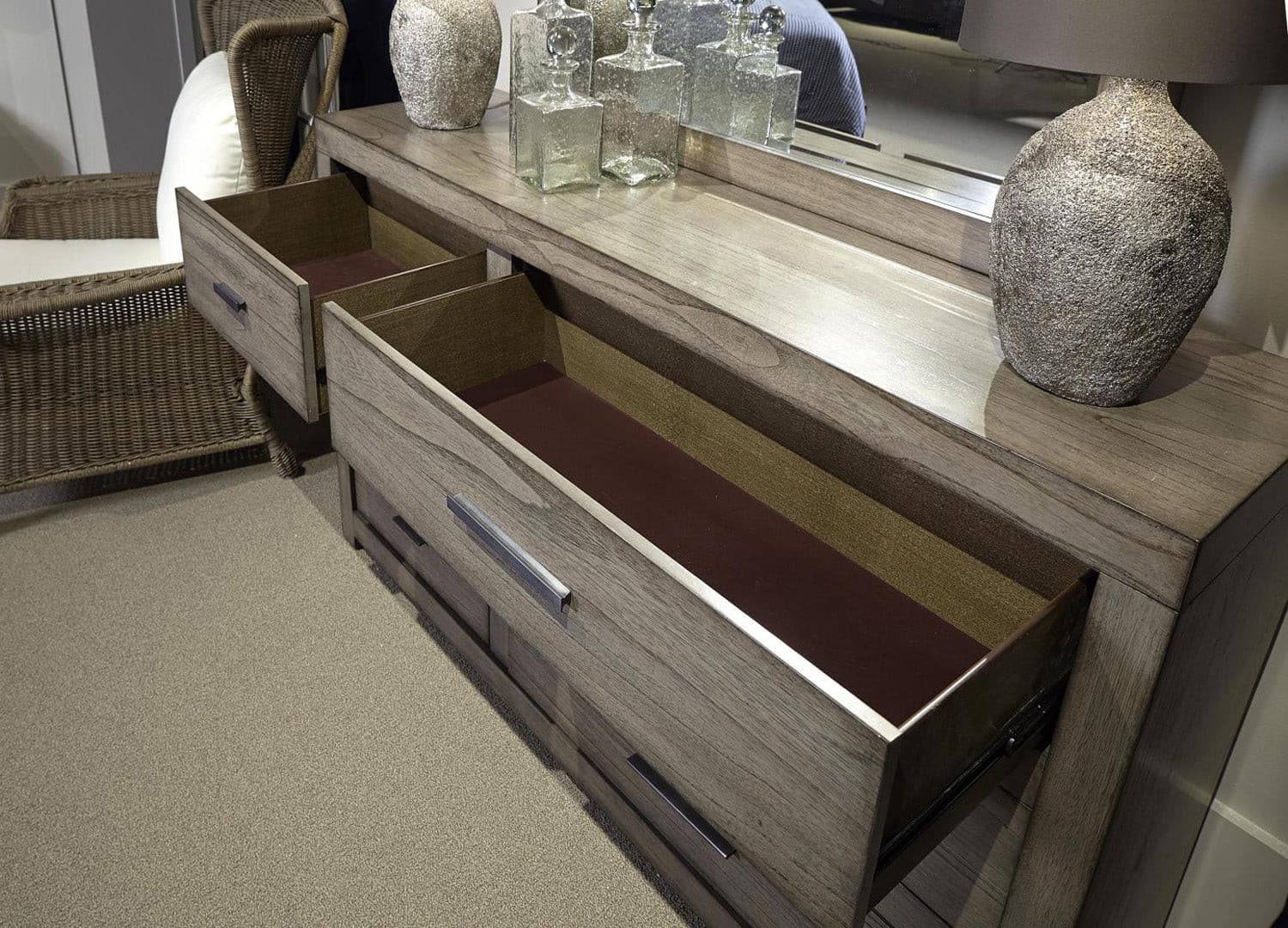 Modern Loft Graystone dresser with open drawers showcasing quality craftsmanship and aged bronze pull hardware.