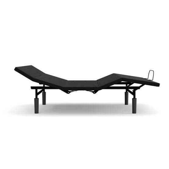 Reverie R450-HT Adjustable Power Base in black mesh fabric, showcasing independent head tilt and Bluetooth remote features.