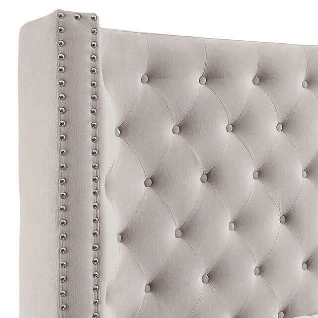Rosabelle tufted wingback bed headboard with button-tufted diamond pattern and nailhead trim.