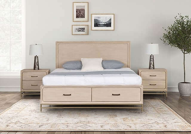 Sandnes Light Oak Mid Century Storage Bed Frame with nightstands in a modern bedroom setting, showcasing elegant design and functionality.