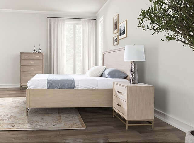 Sandnes Light Oak Mid Century Storage Bed Frame in a stylish bedroom setting with modern decor and natural light.
