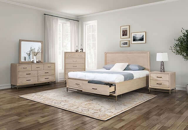 Sandnes Light Oak Mid Century Storage Bed Frame with matching nightstands and dresser in a bright, modern bedroom setting.