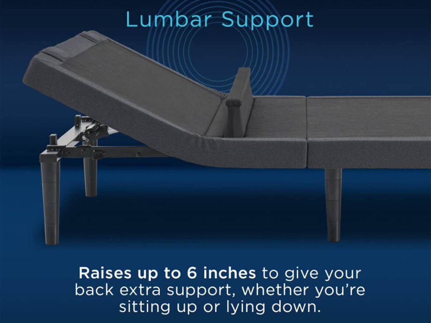 Adjustable mattress base with lumbar support feature, raising up to 6 inches for enhanced comfort while sitting or lying down.