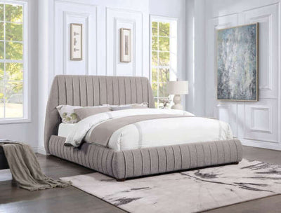 Contemporary Sherise Bed upholstered in boucle fabric with vertical pleating, adding warmth and style to a modern bedroom.