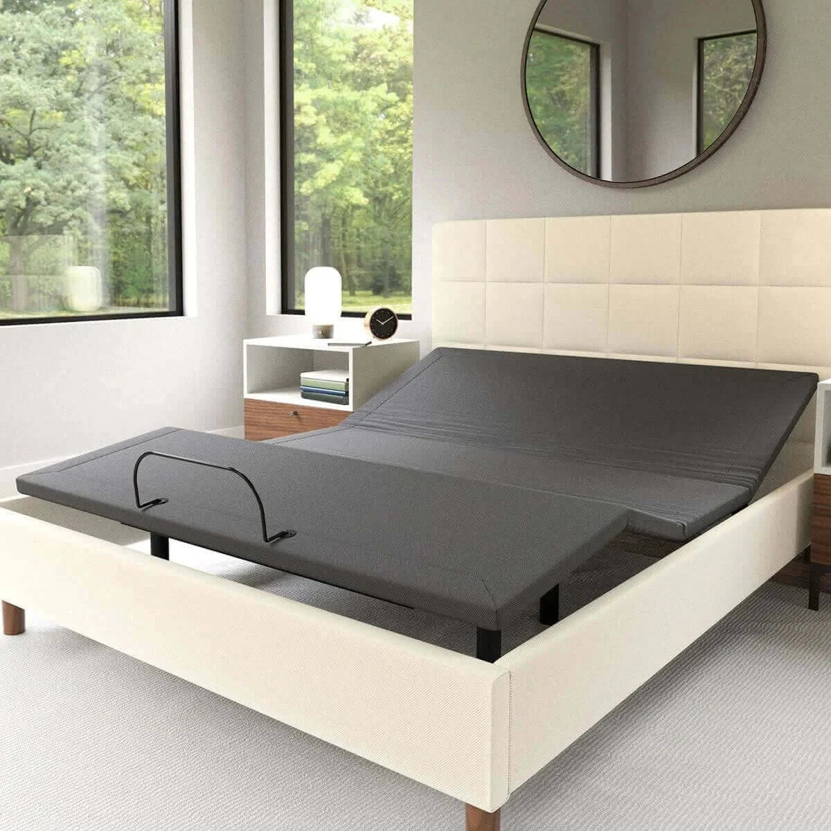 R400™ Adjustable Power Base in a modern bedroom, showcasing its ergonomic design and adjustable head position.