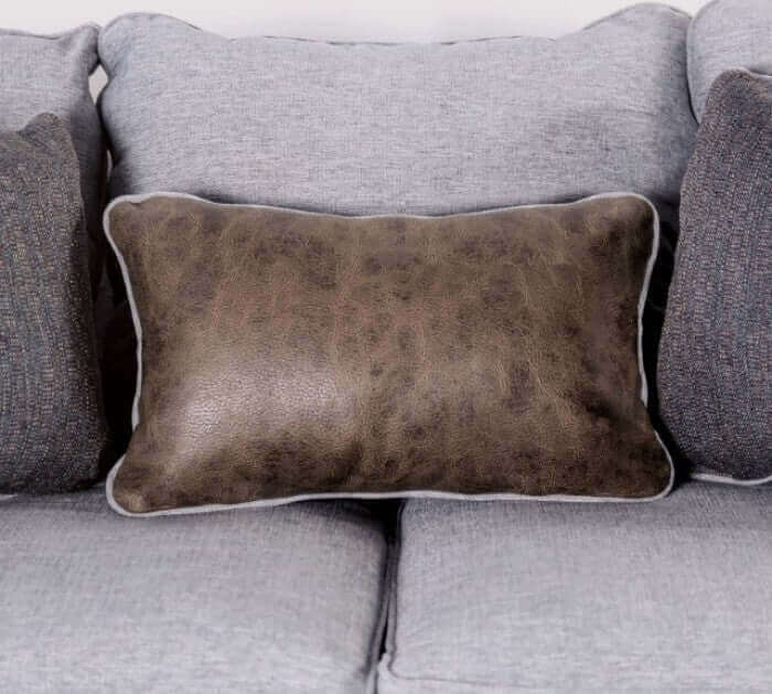 Soft gray sofa with a textured throw pillow in muted dark tones, adding warmth and style to the living room.