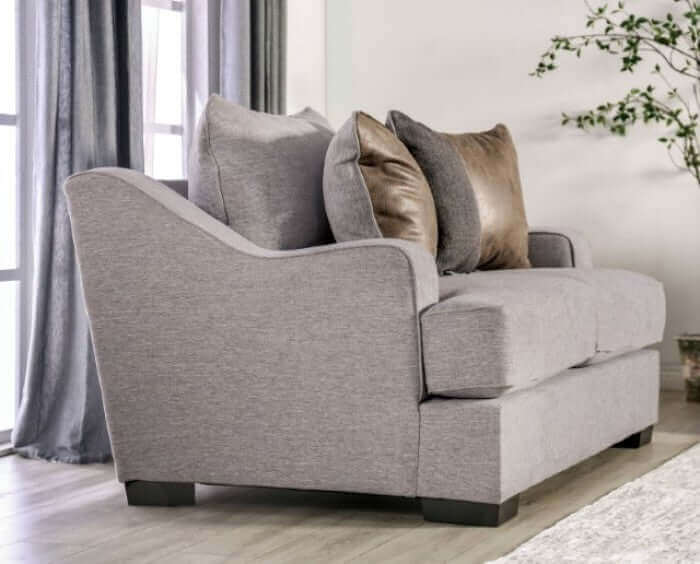 Skyline Gray transitional sofa with plush cushions and decorative throw pillows, perfect for stylish living rooms.