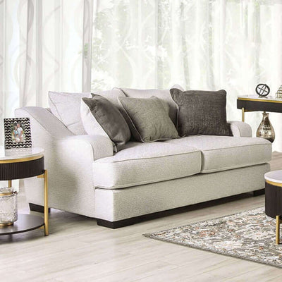 Skyline Pewter Gray Transitional Loveseat with plush cushions and decorative pillows in a stylish living room setting.