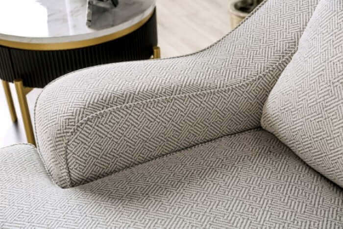 Close-up of Skyline Pewter Gray sofa arm with textured fabric and elegant design, showcasing luxury comfort and style.