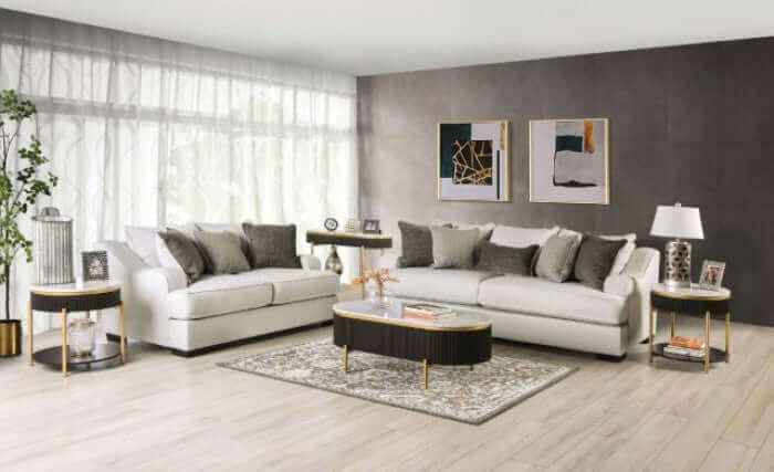 Modern living room featuring Skyline Pewter Gray Sofas with elegant decor and stylish furnishings in a bright space.