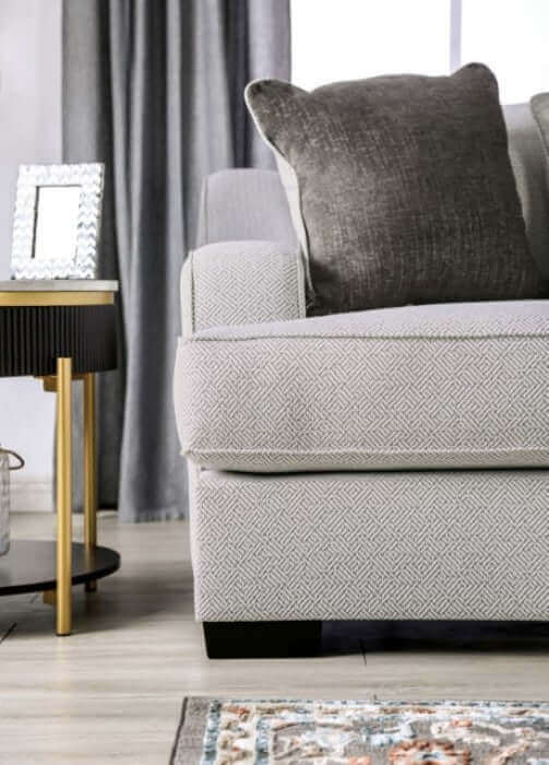 Skyline Pewter Gray Transitional Sofa corner with plush throw pillow and modern side table in stylish living room setting.
