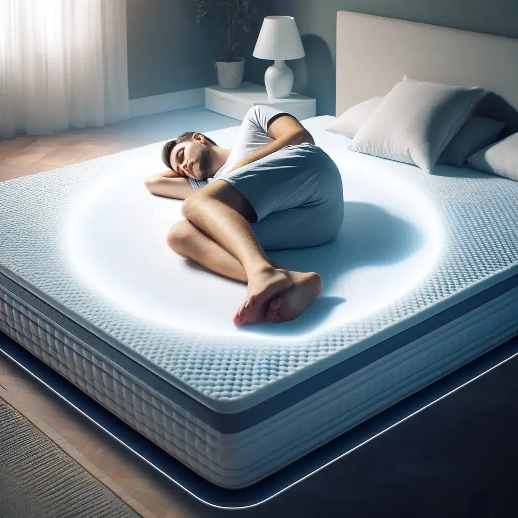 Young man sleeping peacefully on a modern mattress with a glowing edge, showcasing comfort and relaxation in a cozy bedroom.