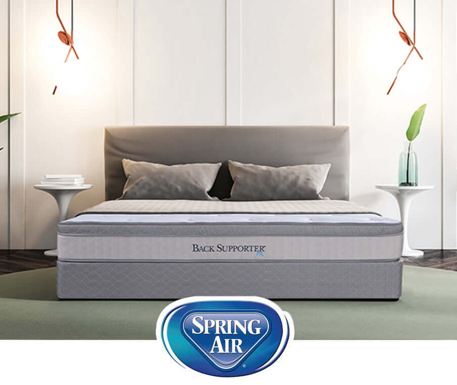 Modern bedroom featuring a Back Supporter mattress by Spring Air, showcasing comfort and style with decorative elements.