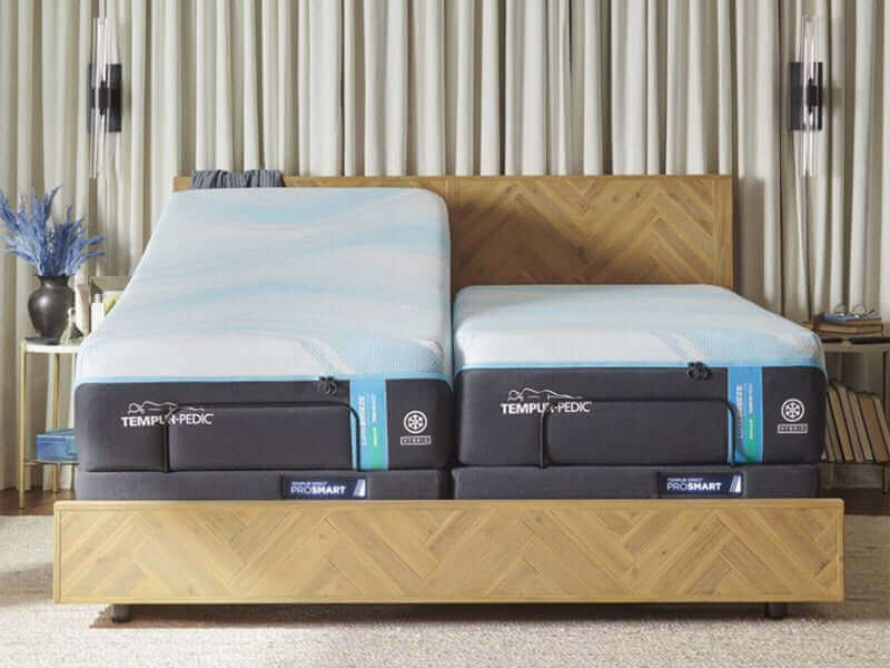 Tempur-Pedic TEMPUR-Ergo® ProSmart Adjustable Base with dual mattresses in a modern bedroom setting.