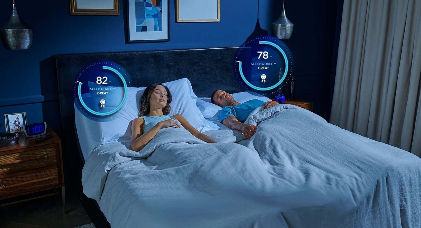 Couple sleeping peacefully on a TEMPUR-Ergo® Smart Adjustable Base, with sleep quality metrics displayed above.
