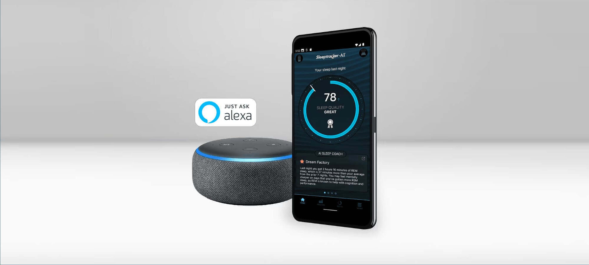 TEMPUR-Ergo ProSmart Adjustable Base app interface on smartphone with Alexa device in background for smart sleep management.