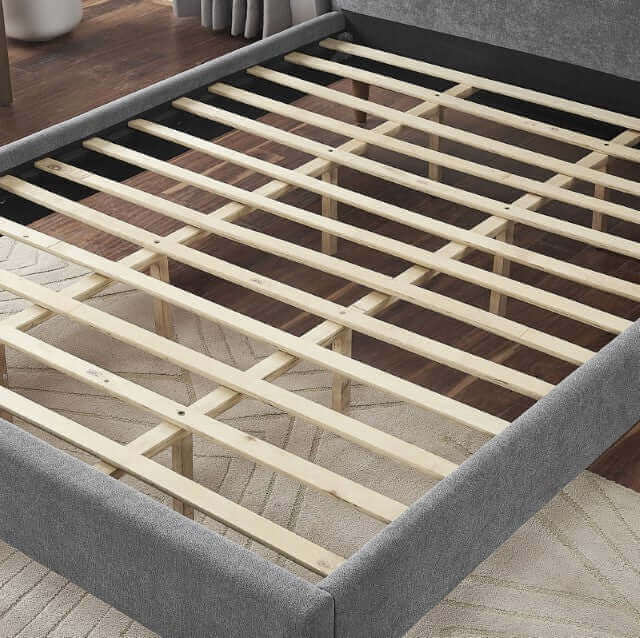 Ulstein Mid Century Platform Bed wooden slat support structure with upholstered frame, showcasing mixed materials and modern design.